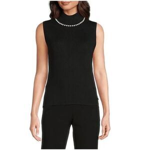 KARL LAGERFELD PARIS Knit Mock Neck Sleeveless Pearl Detail Top Stretch Medium